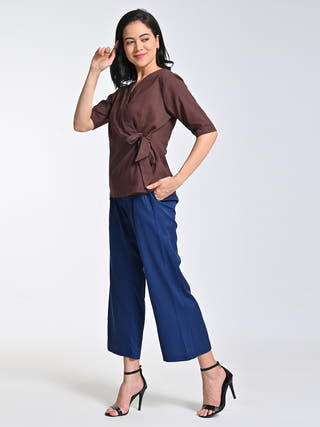 Brown V-Neck Top With Navy Trousers Set Saltpetre