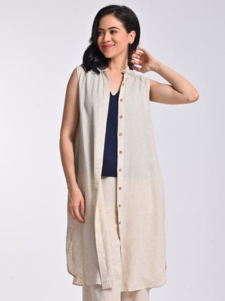 Navy V-Neck Top With Beige Overlay And Trousers Set Saltpetre