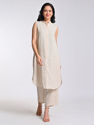 Linen Beige Long Shirt With Trousers Co-Ord Set Saltpetre