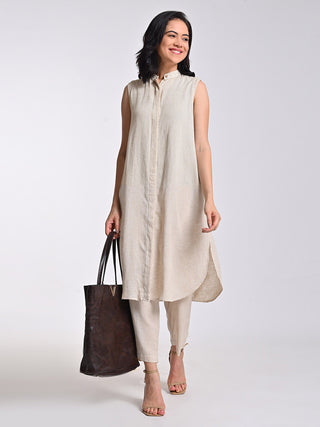 Linen Beige Long Shirt With Trousers Co-Ord Set Saltpetre