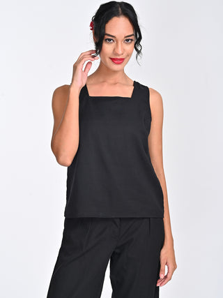 Tencel Solid Black Square Neck Top Saltpetre