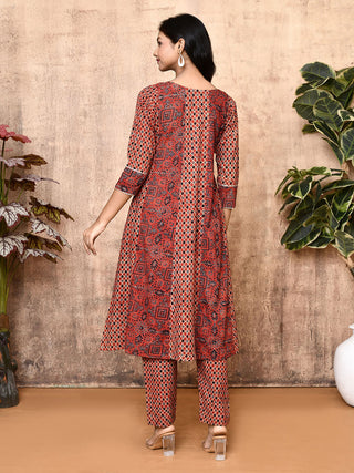 Lissa Ajrakh Flared Kurta Set Red Expressions By UV