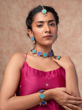 Turquoise Kantha Repurposed Silk Fabric and Wood Maang Tika