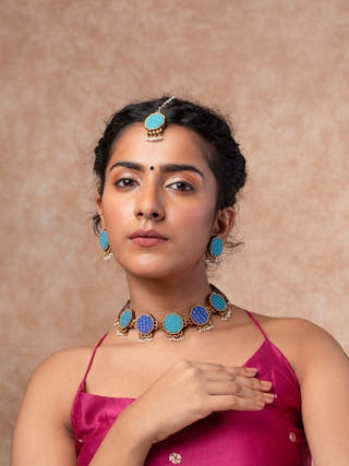 Turquoise Kantha Repurposed Silk Fabric and Wood Maang Tika