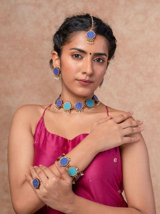 Blue Kantha Repurposed Silk Fabric and Wood Maang Tika