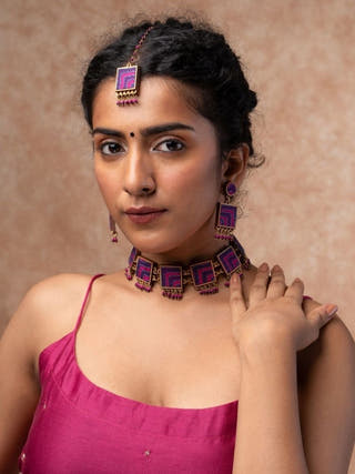 Pink Purple Kantha Repurposed Silk Fabric and Wood  Tikka