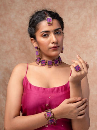 Pink Purple Kantha Repurposed Silk Fabric and Wood  Tikka