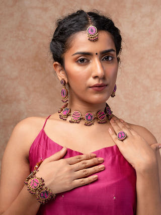 Multicolor Kantha Silk Repurposed Silk Fabric and Wood Maang Tika