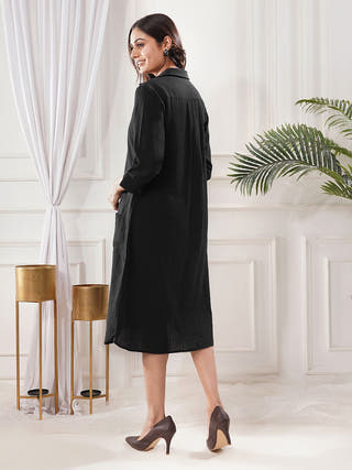Midnight Whispers Handwoven Kala Cotton Shirt Dress
