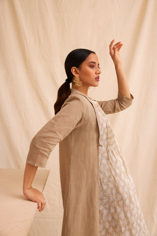 Handblock Printed Dress with Linen Overlay Bombay Bloom