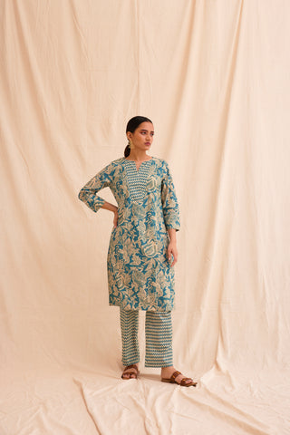 Coral Blue Schiffli Cutwork Kurta With Farshi - 100% Cotton Kurta for women in Blue color