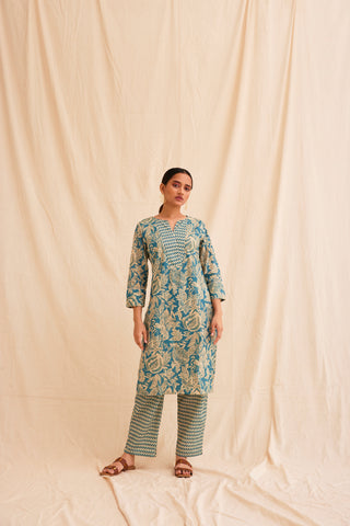 Coral Blue Schiffli Cutwork Kurta With Farshi - 100% Cotton Kurta for women in Blue color