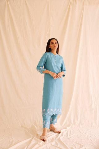 Hand Scalloped Cutwork Blue Linen Kurta Set - Tencel Linen Kurta for women in Blue color