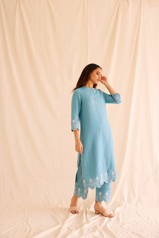 Hand Scalloped Cutwork Blue Linen Kurta Set - Tencel Linen Kurta for women in Blue color