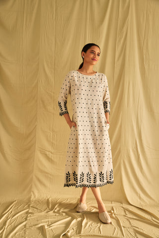 Polka Dot Hand Scalloped Cutwork Linen Dress Bombay Bloom