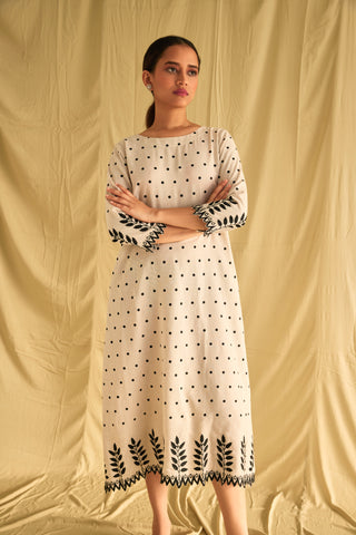 Polka Dot Hand Scalloped Cutwork Linen Dress Bombay Bloom