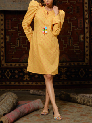 Women's Reesa Linen Handblock Print Dress Yellow Purple Pitara