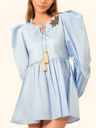 Women's Cotton Satin Dress with Puffed Sleeves and Sparkling Brooch Sky Blue Purple Pitara