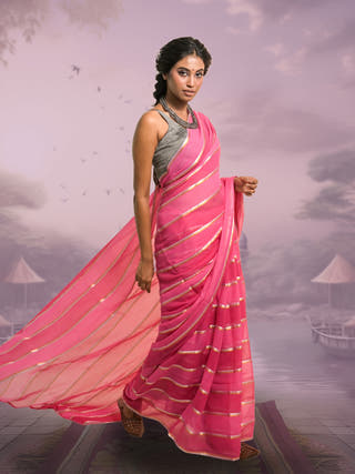 Pankhuri Red And Pink Handloom Mul Cotton Saree