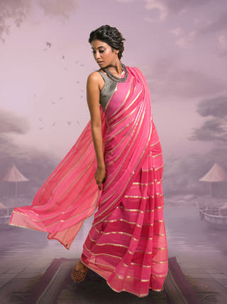 Pankhuri Red And Pink Handloom Mul Cotton Saree
