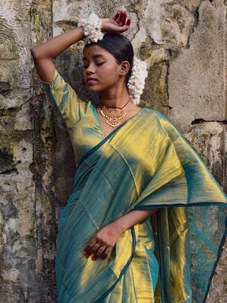 Pataka Seagreen Dual Tone Tissue Saree