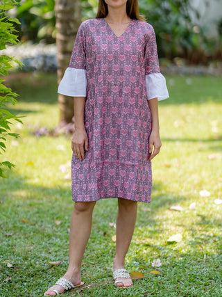 Pink Handwoven Ikat Shift Dress with contrast bell Sleeve Krushnachuda