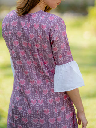 Pink Handwoven Ikat Shift Dress with contrast bell Sleeve Krushnachuda