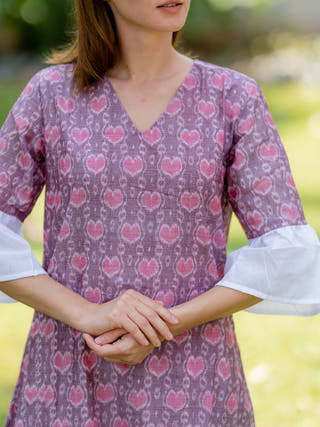 Pink Handwoven Ikat Shift Dress with contrast bell Sleeve Krushnachuda