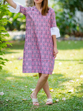 Pink Handwoven Ikat Shift Dress with contrast bell Sleeve Krushnachuda