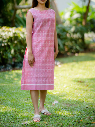 Flamingo Pink Ikat Shift Dress - Cotton Kurta for women in Pink color