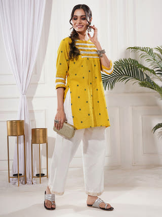 Pravira Yellow Cotton Short Kurta