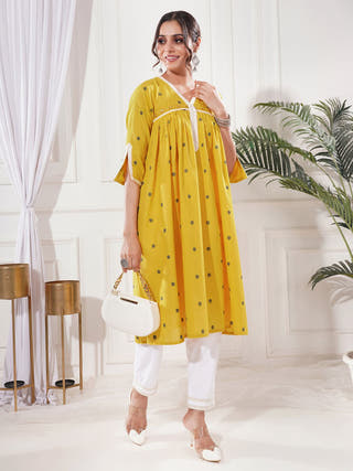 Praya Yellow A-line Cotton Kurta Set
