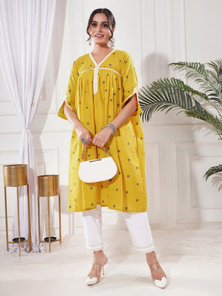 Praya Yellow A-line Cotton Kurta Set