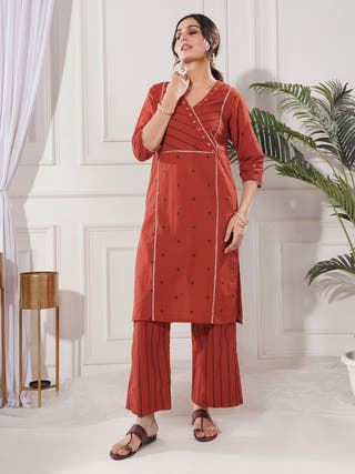 Pria Red Gold Cotton Kurta Set