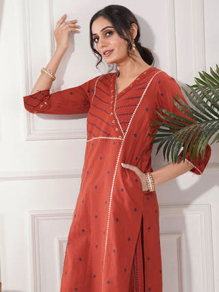 Pria Red Gold Cotton Kurta Set