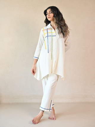 Fiora Panelled Shirt with Embroidered Accents | Natural White