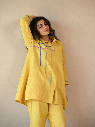 Fiora Panelled Shirt with Embroidered Accents | Yellow