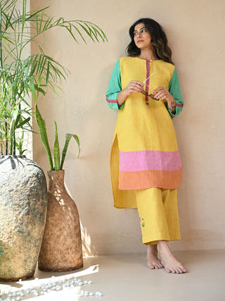 Lola Colour-Blocked Kurta with Embroidered Highlights | Yellow