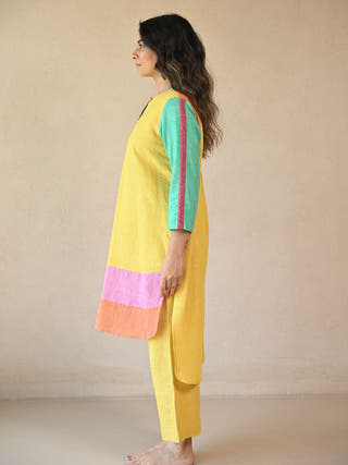 Lola Colour-Blocked Kurta with Embroidered Highlights | Yellow