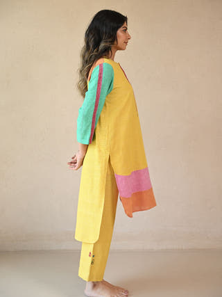 Lola Colour-Blocked Kurta with Embroidered Highlights | Yellow