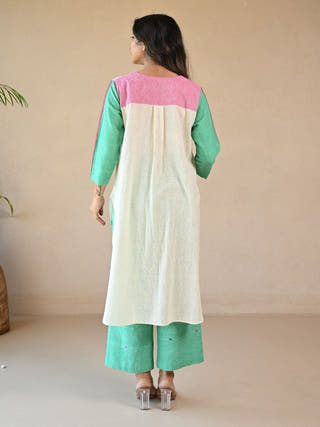 Lola Colour-Blocked Kurta with Embroidered Highlights | White