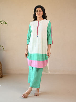 Lola Colour-Blocked Kurta with Embroidered Highlights | White