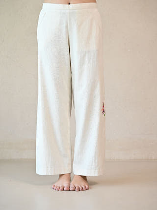 Side-Pleated Pants with Embroidered Accents