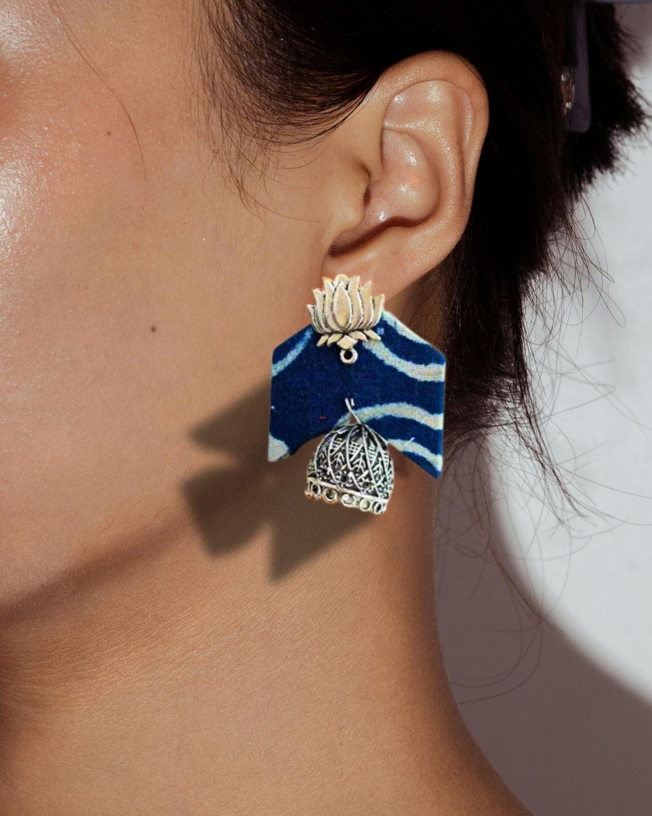 Indigo Blue Stripped Fabric Lotus Jhumka Earrings image 1