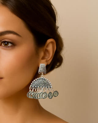 Designer Silver Oxidised Coin Earrings