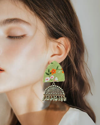 Green Floral Printed Oxidized Earrings