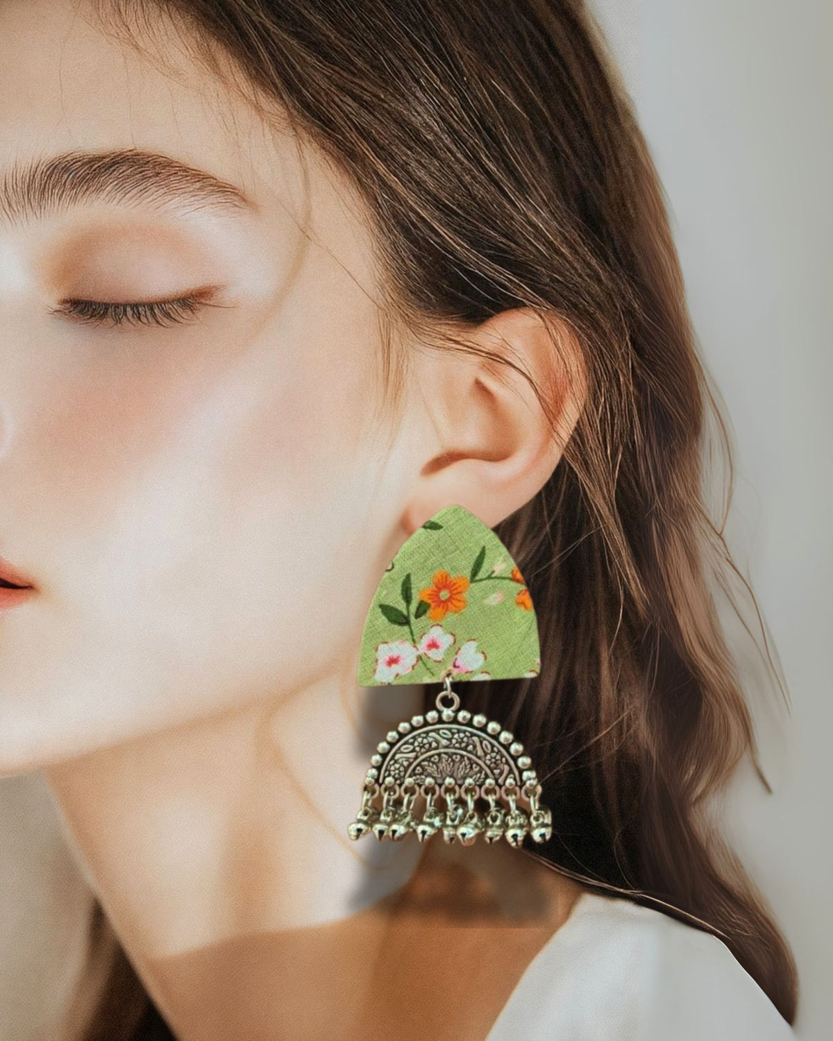 Green Floral Printed Oxidized Earrings image 1