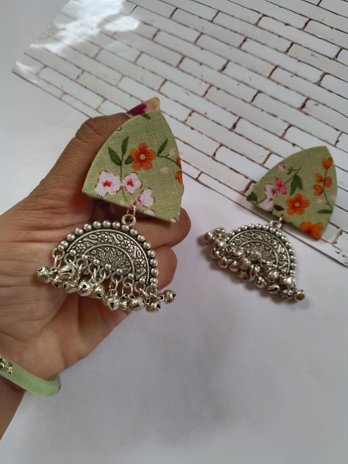 Green Floral Printed Oxidized Earrings image 3