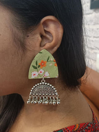 Green Floral Printed Oxidized Earrings