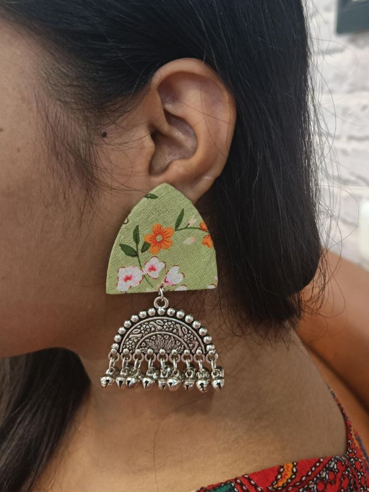 Green Floral Printed Oxidized Earrings image 4